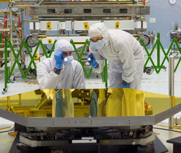 Technicians inspect primary mirror segments that will be used on the James Webb Space Telescope scheduled for launch in 2018. (NASA/Chris Gunn)