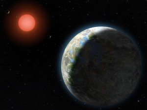 A planet with clouds and surface water orbits a red dwarf star in this artist’s conception of the Gliese 581 star system. (Illustration: Lynette Cook)