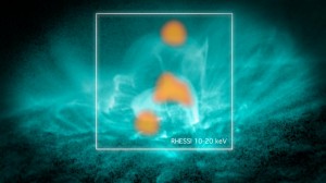 An overlap of data from two NASA spacecraft confirm a sighting of magnetic reconnection on the sun. The teal image, from SDO, shows the shape of magnetic field lines in the sun’s atmosphere, the RHESSI data, in orange. (NASA/SDO/RHESSI/Goddard)