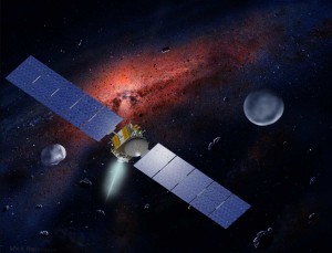 Artist concept of the Dawn spacecraft shown with asteroids Ceres (right) and Vesta (left). (William K. Hartmann/UCLA)