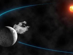Artists rendition of the water vapor spewing asteroid Ceres shown in its orbit around the sun (IMCCE-Observatoire de Paris/CNRS/Y.Gominet)