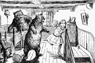 1912 Illustration of Goldilocks running from the 3 bears - from the fairytale (Wikimedia Commons)