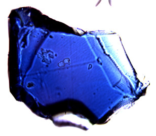 Photomicrograph of a grown ringwoodite blue crystal (Jasperox via Wikimedia Commons)