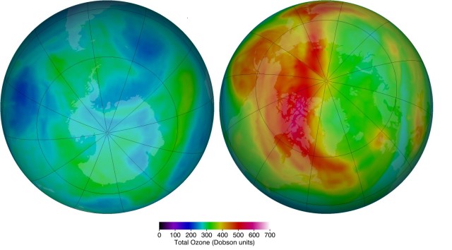 The false-color view of total ozone over the Antarctic pole (l) and Arctic pole (r) on March 6, 2014. The purple and blue colors are where there is the least ozone, and the yellows and reds are where there is more ozone. (NASA)