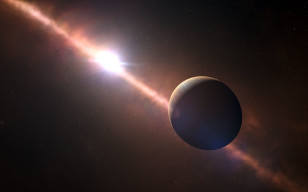 Artist rendering shows the planet orbiting Beta Pictoris. This exoplanet is the first to have its rotation rate measured.  (ESO, L. Calçada/N. Risinger, skysurvey.org)