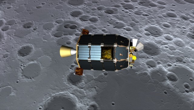 Artist's concept of LADEE passing over the lunar surface (NASA)