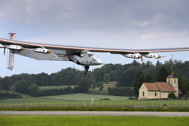 The sun-powered Solar Impulse 2 experimental aircraft is shown here on June 2, 2014, during its maiden flight from its home in Payerne, Switzerland.  This aircraft has a wingspan of 72 meters and is powered by more than more than 17,000 solar cells. (Reuters)