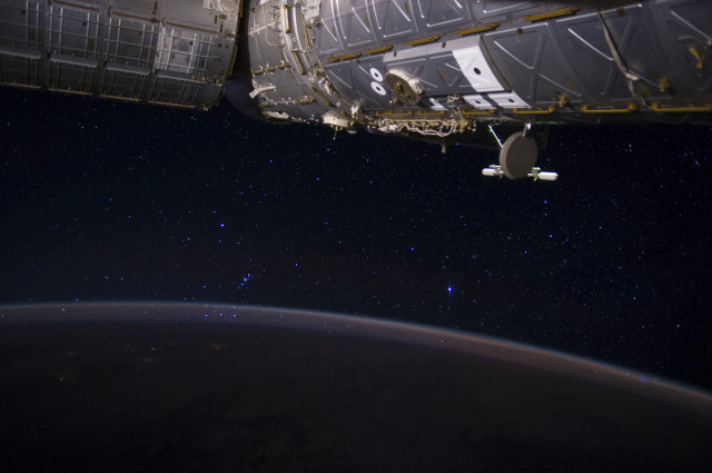 Here’s a shot of the constellation Orion that was taken from the International Space Station on June 24, 2014 by ISS Engineer, Reid Wiseman.  In the upper right area you can see the U Destiny module. (NASA)