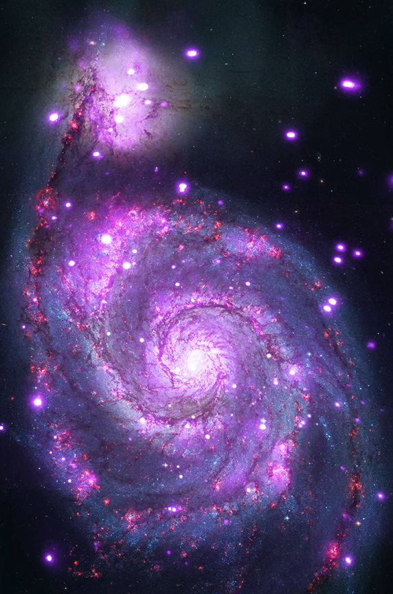 Here is a nice composite picture of the Whirlpool Galaxy or M51 in the Canes Venatici constellation.  The composite merges x-ray images taken with NASA's Chandra X-ray Observatory with optical images taken by NASA’s Hubble Space Telescope. June 3, 2014 (NASA)