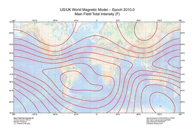 This is a world map of main field total intensity created by the National Geophysical Data Center at NOAA.
