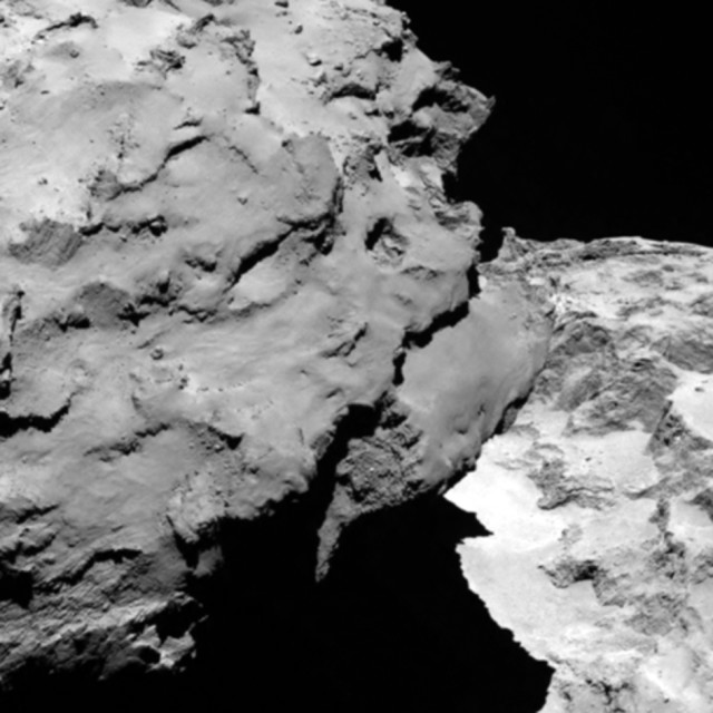 The European Space Agency’s Rosetta spacecraft met up with its target comet 67P/Churyumov-Gerasimenko this past Wednesday August 6, 2014. This image, taken from a distance of about 120 km, by cameras aboard the spacecraft, shows the comet’s ‘head’ (left), which is casting shadow onto its ‘neck’ and ‘body’ (right). The Rosetta has been flying in space for more than a decade to reach the comet. (AP)