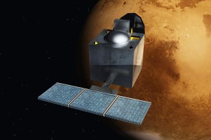 Artist rendering of India's Mars Orbital Mission spacecraft nearing the Red Planet. (Nesnad via Wikimedia Commons) 
