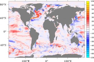 The red areas show where the ocean has been taking up more heat during the global "warming hiatus." (University of Southampton)