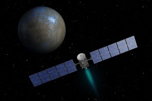 Artist concept of NASA's Dawn spacecraft heading toward the dwarf planet Ceres. (NASA/JPL-Caltech)