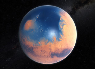 An artist’s impression shows how Mars may have looked about four billion years ago. (ESO/M. Kornmesser/N. Risinger/skysurvey.org)