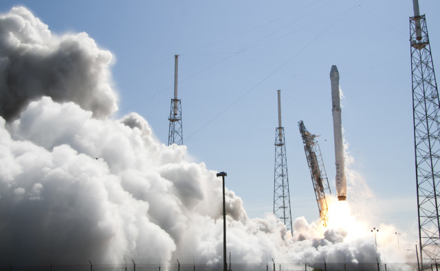 A SpaceX Falcon 9 rocket, carrying a Dragon cargo spacecraft, was launched from Cape Canaveral Air Force Station in Florida on 4/14/15. (NASA)