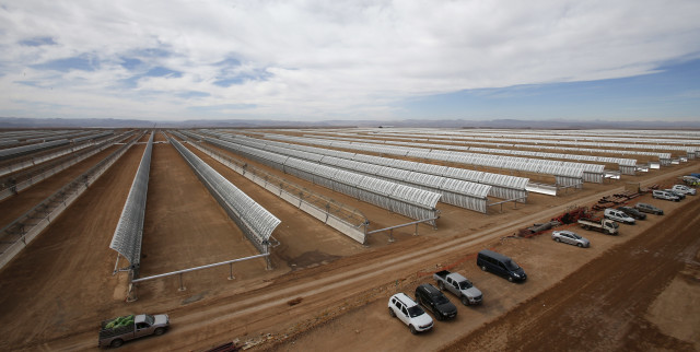 This is the Noor I solar power plant near Ouarzazate, Morocco on 4/24/15.  Construction of the 160 megawatt solar power station is nearly complete. (AP)