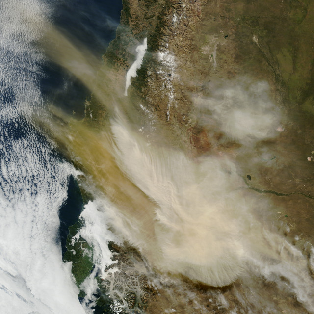 This photo taken from outer space by NASA’s Earth observing Terra satellite on 4/23/15 shows an ash plume rising from the erupting Calbuco volcano in southern Chile. (NASA’s Earth Observatory)