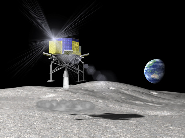 Japan’s space agency JAXA recently announced that it is considering an unmanned mission to the moon by 2018 or early 2019.  This is an artist’s rendering of the proposed Japanese lunar spacecraft SLIM (Smart Lander for Investigating Moon) as it is about to touch down on the lunar surface (Japan Aerospace Exploration Agency via AP)