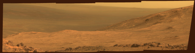 This is a mosaic of images taken by the panoramic camera aboard NASA's Mars Exploration Rover Opportunity shows part of the Red Planet’s "Marathon Valley".  The images that make up this mosaic were taken on 3/13/15, during the 3,958th Martian day, or sol, of Opportunity's work on Mars.  (NASA/JPL-Caltech/Cornell University/Arizona State University)
