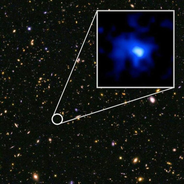 The galaxy EGS-zs8-1 sets a new distance record. It was discovered in images from the Hubble Space Telescope from the CANDELS survey.  (NASA, ESA, P. Oesch and I. Momcheva (Yale University), 3D-HST and HUDF09/XDF Teams)
