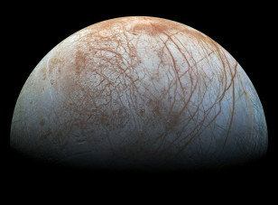 The unique surface of Jupiter's moon Europa can be seen in this reprocessed color view, made from images taken by NASA's Galileo spacecraft in the late 1990s. (NASA/JPL-Caltech/SETI Institute)