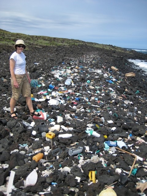 Plastic ocean debris littering Hawaiian shoreline. Hawaii is located near the center of the North Pacific gyre where debris tends to concentrate. (NOAA)