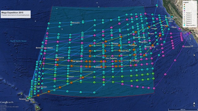 Map showing the 50 transects the Mega Expedition will perform based on routing information provided by the skippers before they left port.   Copyright: The Ocean Cleanup ((C) The Ocean Cleanup/Lys-Anne Sirks)