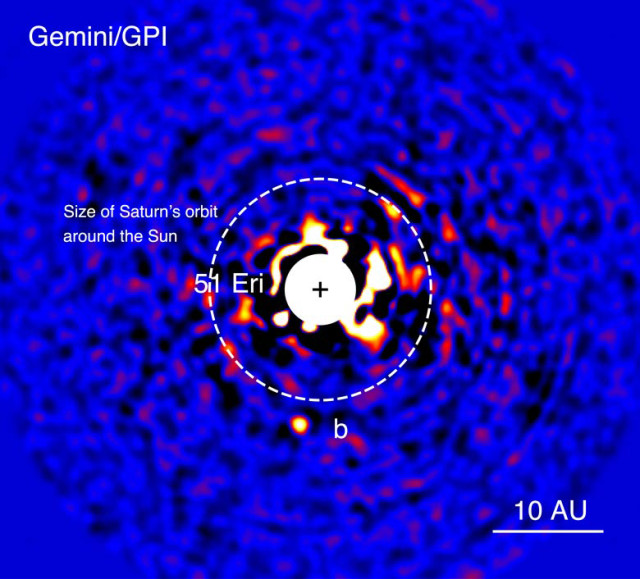 This image of planet 51 Eridani b was taken with the Gemini Planet Imager in near-infrared light in December 2014. (Julien Rameau (UdeM) and Christian Marois (NRC Herzberg))
