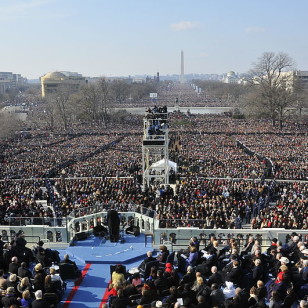 President Barack Obama gives his first inaugural address from the West Steps of the U.S. Capitol on January 20, 2009. The record setting event attracted more than 800,000 people. (US Air Force)