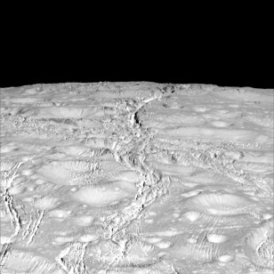 NASA's Cassini spacecraft zoomed by Saturn's icy moon Enceladus on Oct. 14, 2015, capturing this stunning image of the moon's north pole. (NASA/JPL-Caltech/Space Science Institute)