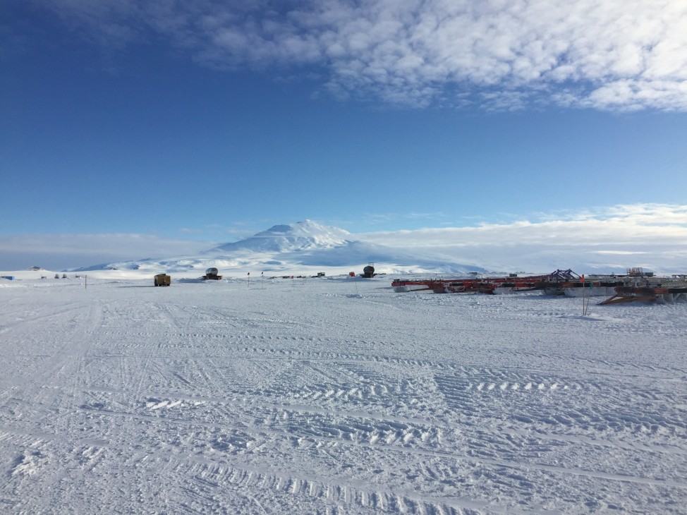 A view of Mt. Erebus from the McMurdo Skiway (airstrip), on the Ross Ice Shelf. (Photo by Refael Klein)  
