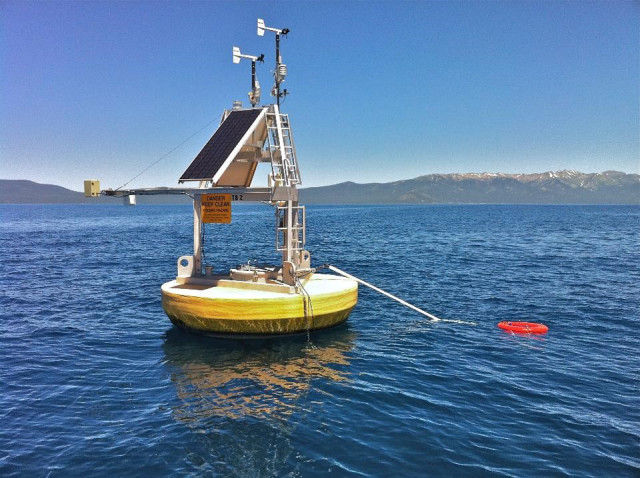 A combination of satellite data and ground measurements, such as from instrumented buoys like this one in Lake Tahoe on the California/Nevada border, were used to provide a comprehensive view of changing lake temperatures worldwide. The buoy measures the water temperature from above and below. (Limnotech)