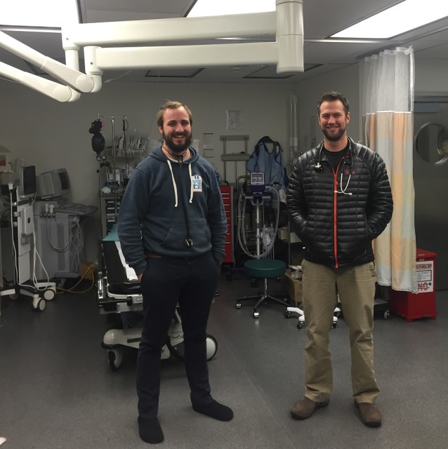 Physician Hamish Wright and physician's assistant Scott Deacon  pose for a photo in the medical clinic, colloquially referred to as "Club Med". (Photo by Refael Klein)