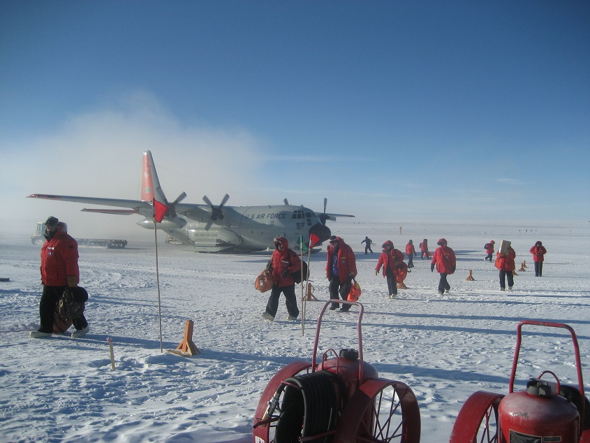 The DVs arrive. Distinguished visitors and a few other passengers disembark from their aircraft. Temperatures were warm and the winds were low, making it an ideal day for a visit to Pole.