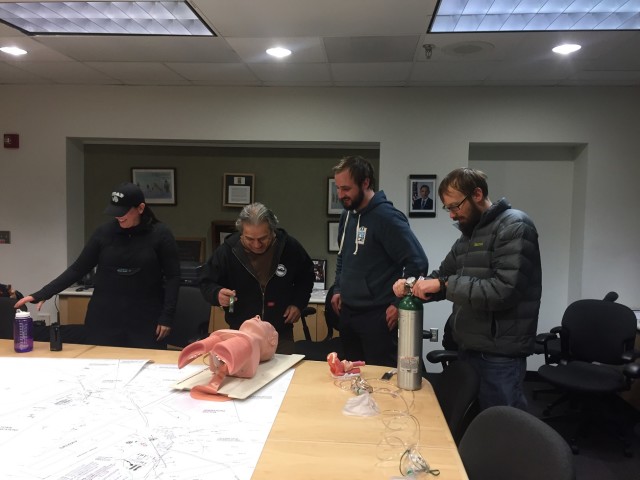 Each ERT team meets weekly to train. Here, the first responders review CPR and maintaining impaired airways. (Photo by Refael Klein)