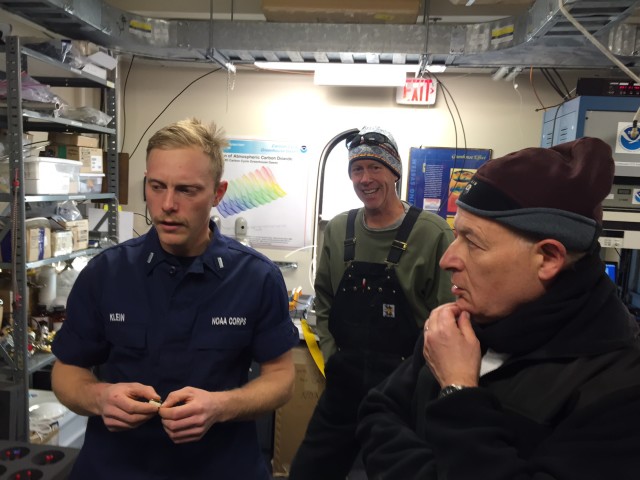 After visits to the geographic and ceremonial Poles, I spent an hour showing the DVs around the Atmospheric Research Observatory.  Here I am (left) explaining the inner workings of our gas chromatograph.