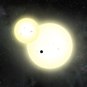 The Kepler-1647b planet and secondary star transiting the primary star. (Lynette Cook)