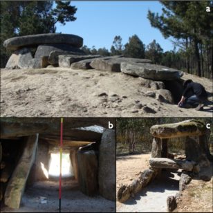 Photographs of the megalithic cluster of Carregal do Sal: a) Dolmen da Orca, a typical dolmenic structure in western Iberia; b) view of the passage and entrance while standing within the d'window of visibility'; c) Orca de Santo Tisco, a much smaller passage or corridor. (F. Silva)