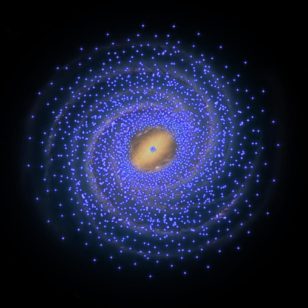 An artist's impression of the implied distribution of young stars, represented here by Cepheids shown as blue stars, plotted on the background of a drawing of the Milky Way. (University of Tokyo)