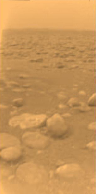 This image was returned Jan. 14, 2005, by the European Space Agency's Huygens probe after its successful descent to land on Titan. (ESA/NASA/JPL/University of Arizona)