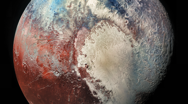 In this image of Pluto taken by NASA's New Horizons spacecraft, different colors represent different compositions of surface ices, revealing a surprisingly active body. (Image: NASA/Johns Hopkins University Applied Physics Laboratory/Southwest Research Institute)