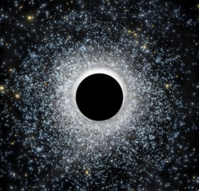 In this artist's illustration, an intermediate-mass black hole in the foreground distorts light from the globular star cluster in the background. (CfA / M. Weis)