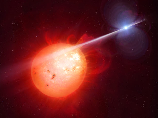 Artist's impression of AR Scorpii. In this unique double star a rapidly spinning white dwarf star (right) powers electrons up to almost the speed of light. (M. Garlick/University of Warwick, ESA/Hubble)