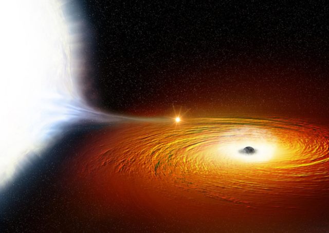 Artist illustration of a white dwarf in dangerously close orbit around a black hole. (NASA)