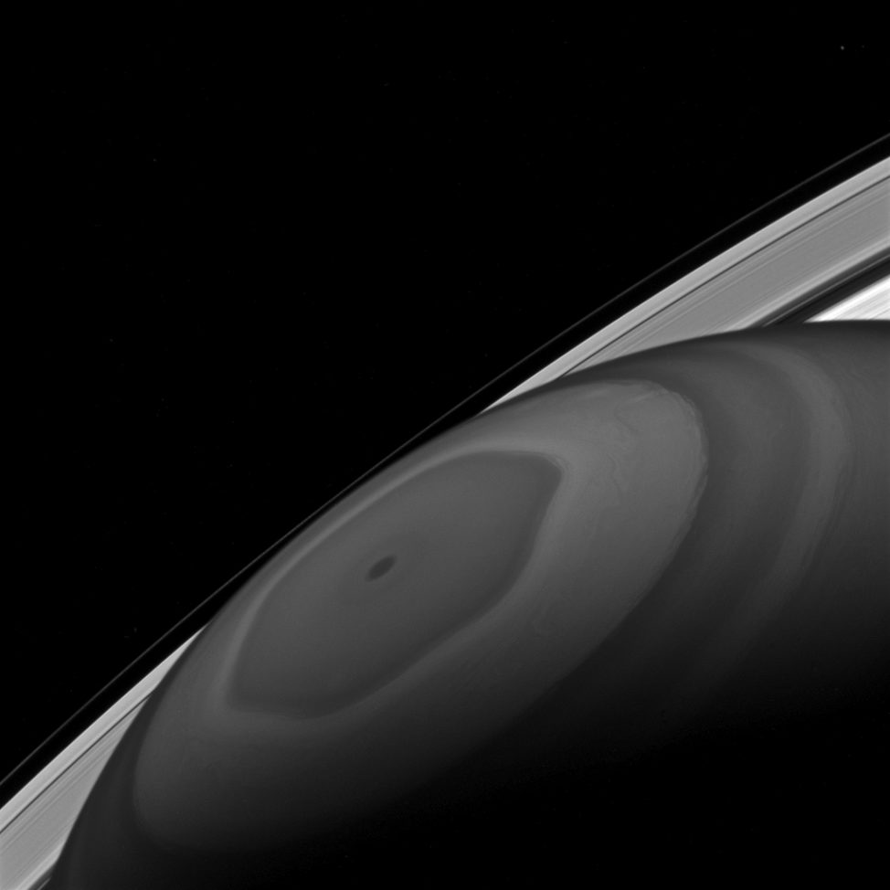 NASA’s Cassini spacecraft got this image of Saturn’s North Pole. You can see clouds churning around it driven by the fast winds of the ringed planet. You can also see some of the planet’s moons and small particles that form its ring. (NASA/JPL-Caltech/Space Science Institute)