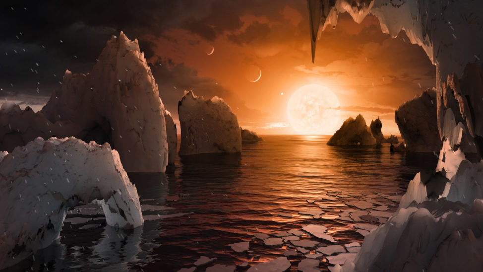 Artist imagery of the surface of exoplanet TRAPPIST-1f one of 7 planets discovered orbiting a nearby star that was announced on 2/22/17. (NASA/JPL-Caltech)