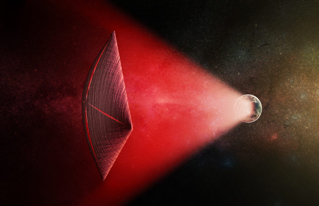 An artist's illustration of a light-sail powered by a radio beam (red) generated on the surface of a planet. The leakage from such beams as they sweep across the sky would appear as Fast Radio Bursts (FRBs), similar to the new population of sources that was discovered recently at cosmological distances. (M. Weiss/CfA)
