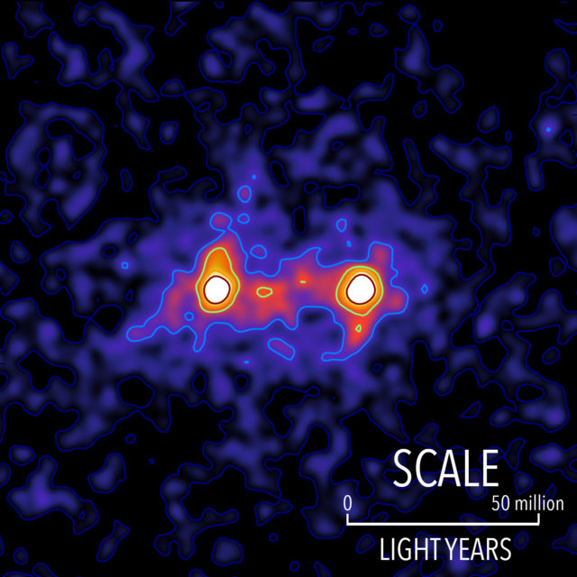 Dark matter filaments bridge the space between galaxies in this false colour map. The lbright galaxies are shown ‌in white and the presence of a dark matter filament bridging is shown in red. (S. Epps & M. Hudson/University of Waterloo)