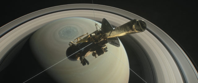 This artist's rendering shows NASA's Cassini spacecraft above Saturn's northern hemisphere, heading toward its first dive between Saturn and its rings on April 26, 2017. (NASA/JPL-Caltech)